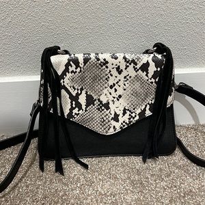 Black and white chain snakeskin purse